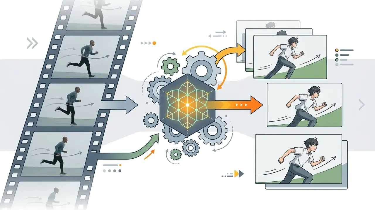 Live action film strip frames processed through a central gear mechanism into animated anime style scenes