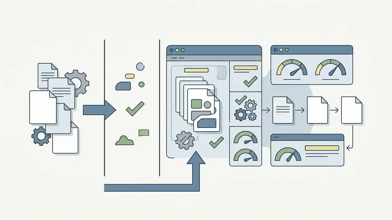 Paper stacks and gears feeding into a digital interface with gauges to produce sorted document outputs