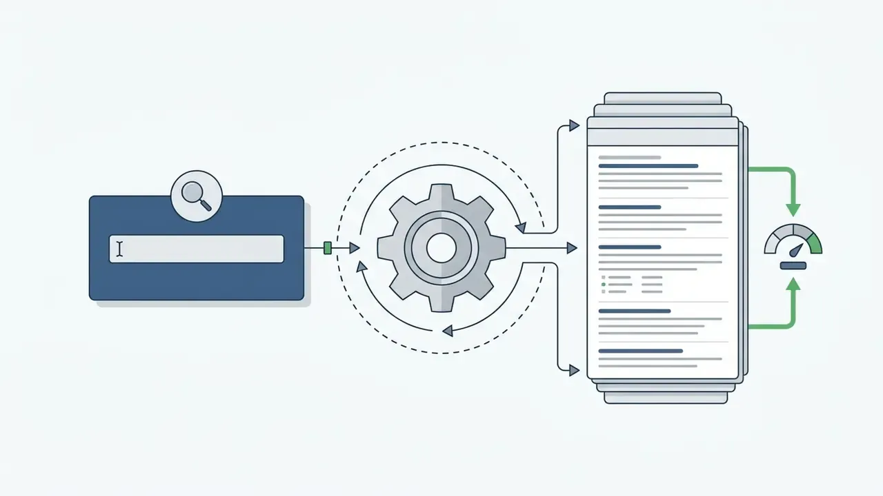 Search query input feeding into a processing gear that fetches and analyzes live search result pages