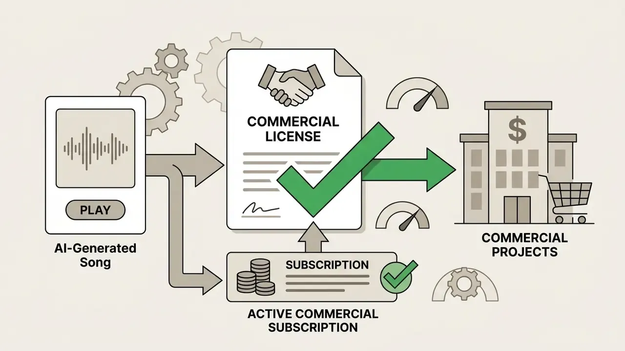 Music track and active subscription flowing into a commercial license document for business use