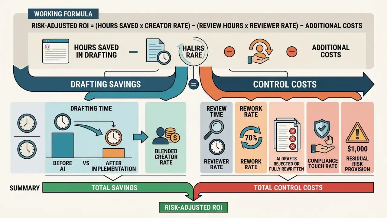 Mathematical formula diagram calculating net return by subtracting control costs from drafting time savings