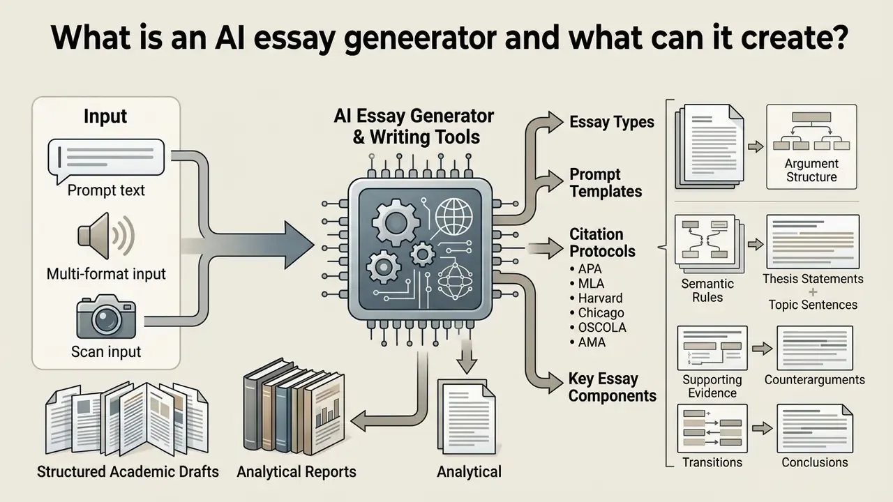 Infographic showing how an AI essay generator processes various inputs to produce structured academic drafts