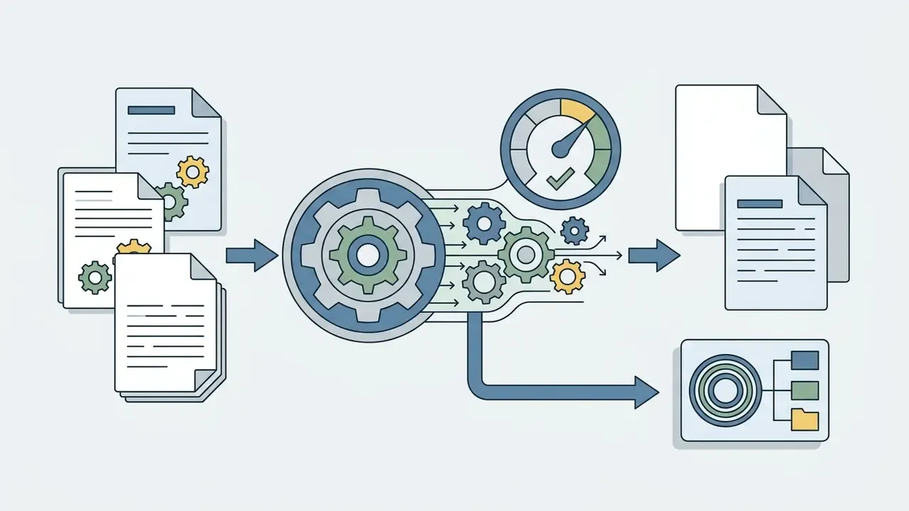 Documents feeding into a gear mechanism that outputs processed files and data logs for audit trails