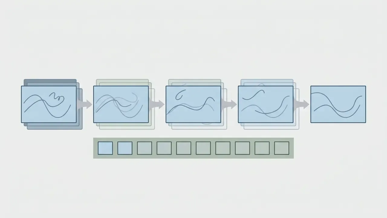 Layered canvas frames moving through a process to create a single final image with a timeline below