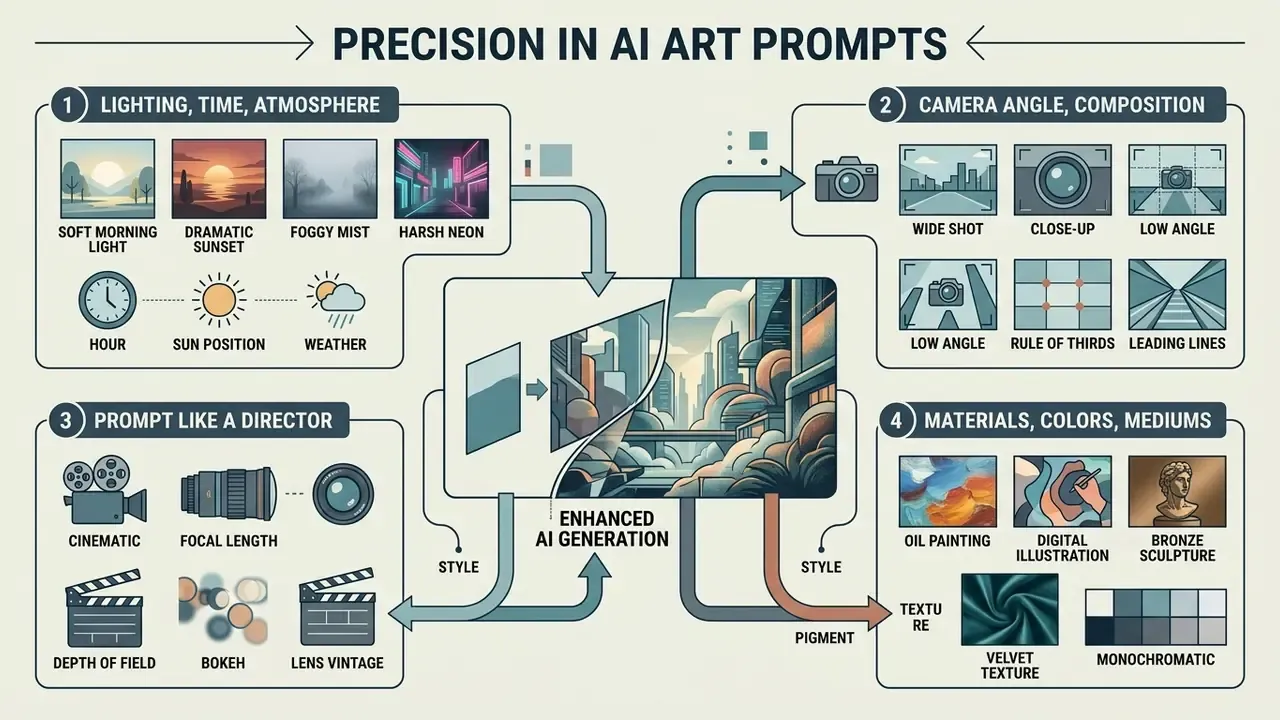 Infographic showing four categories of visual details to improve AI art prompts through specific examples