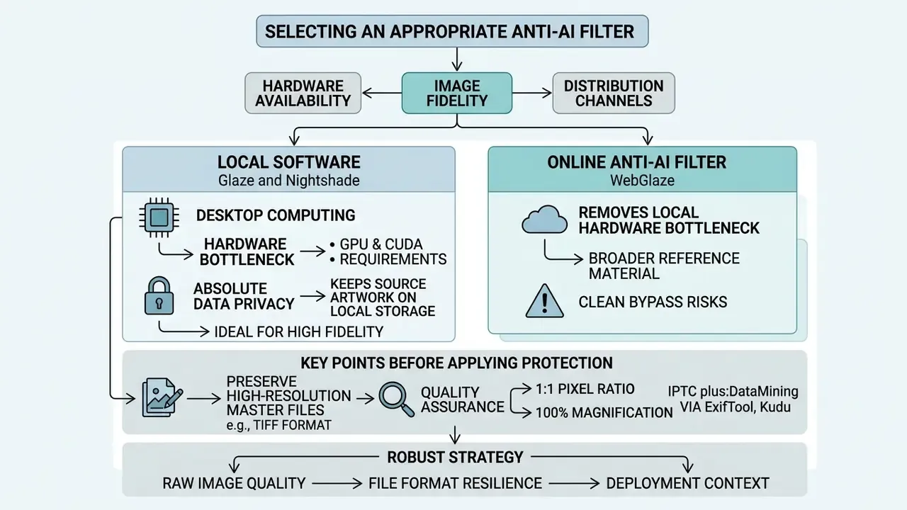 Decision tree comparing local software and online tools for protecting digital artwork from AI scraping