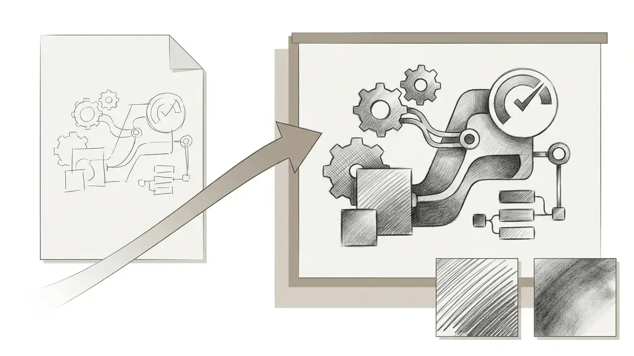 Rough sketch of gears and a checkmark icon being transformed into a shaded graphite rendering