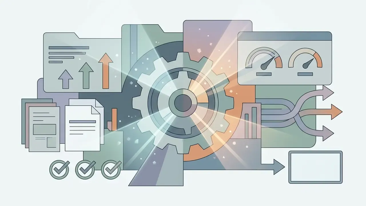 Gear icon surrounded by document folders, gauge dials, and directional arrows indicating data processing