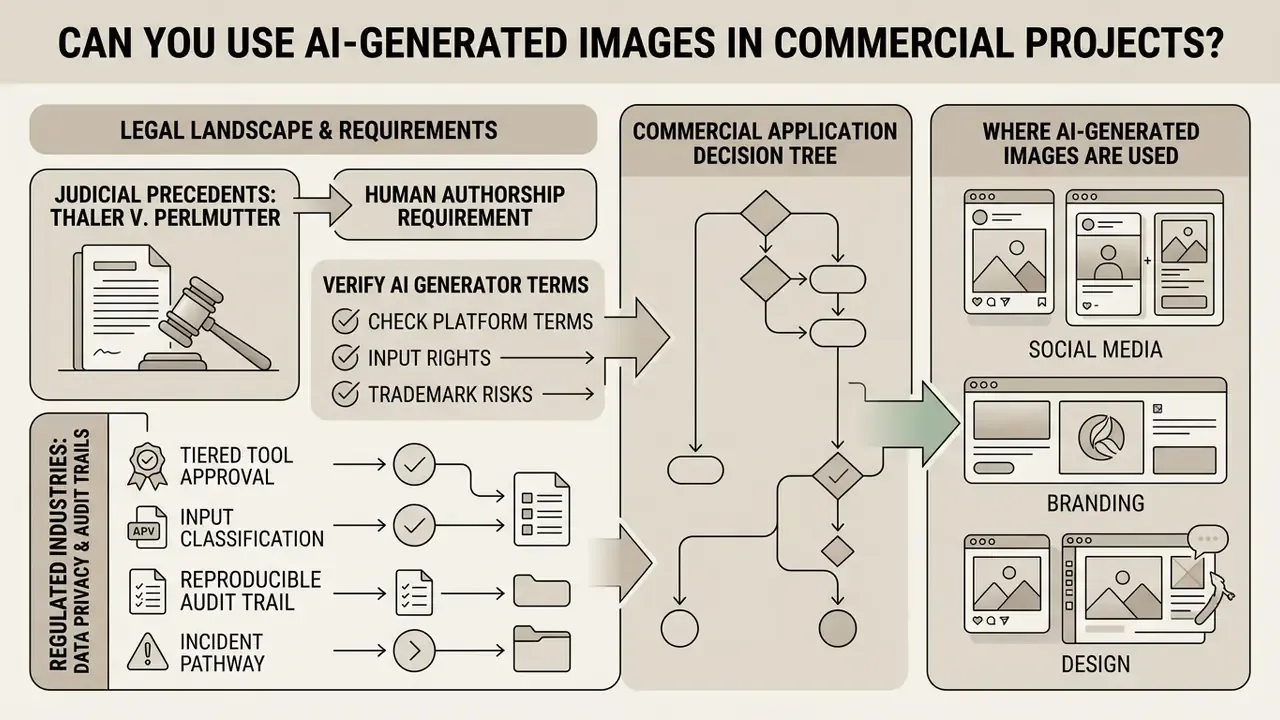 Infographic showing legal requirements, a decision tree, and commercial use cases for AI-generated images