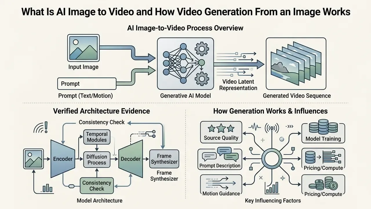 Diagram showing how AI image to video conversion processes inputs through models to generate sequences