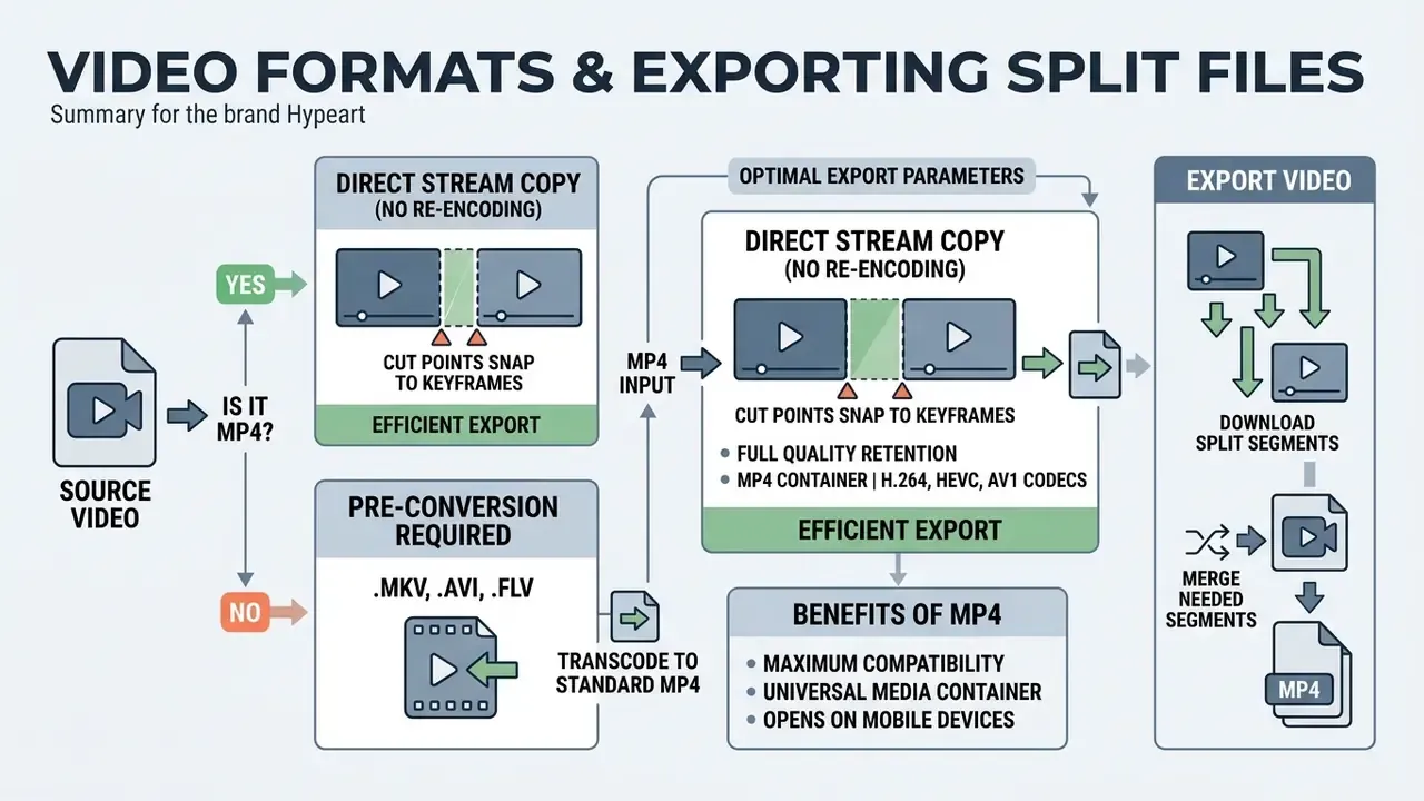 Flowchart comparing direct stream copy for MP4 files versus transcoding other formats for export