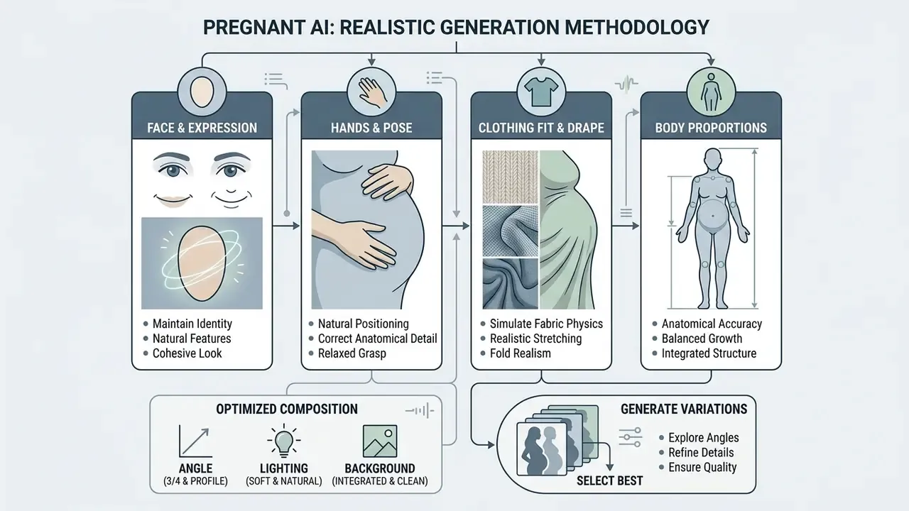 Four pillar infographic detailing face, hands, clothing, and body proportions for realistic digital maternity