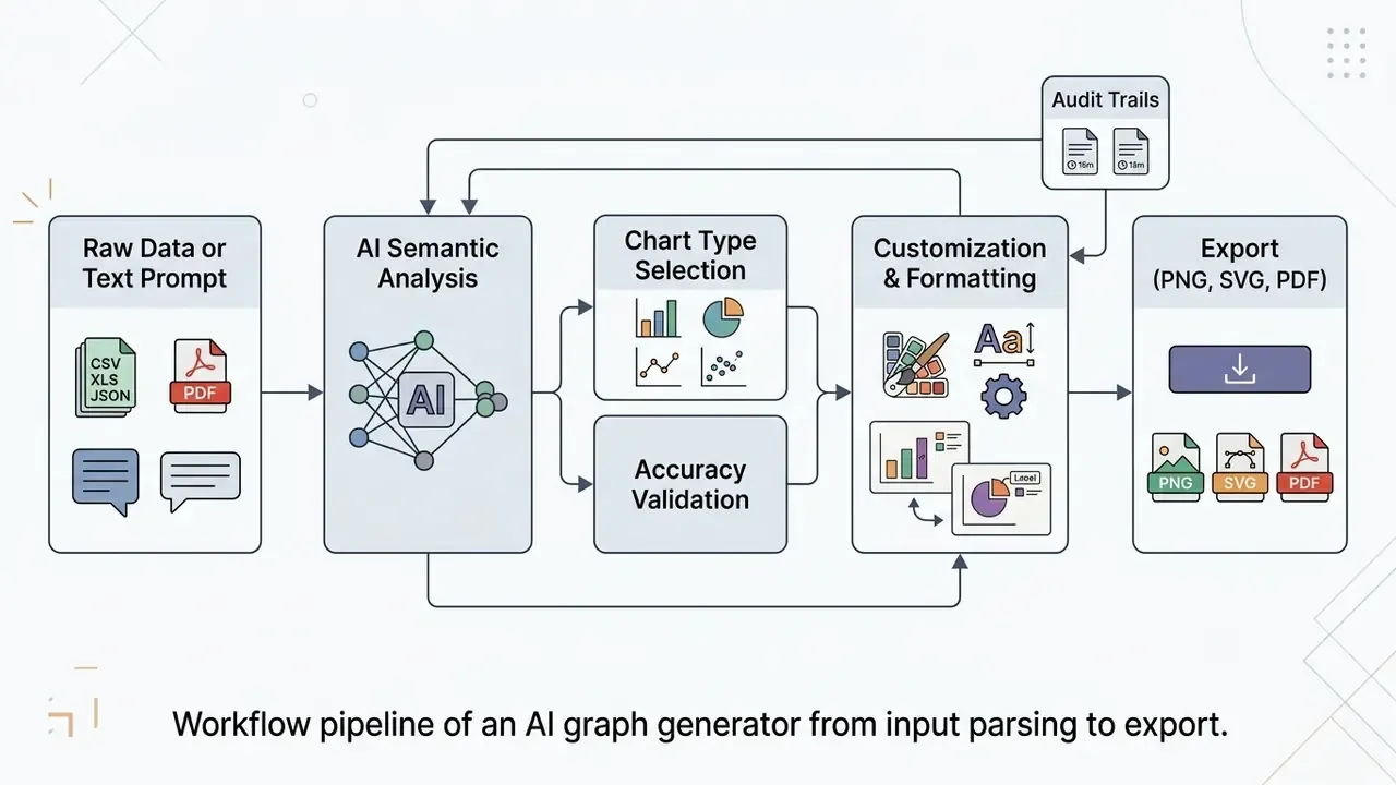 Sequential process diagram showing data input, semantic analysis, chart selection, and final file export