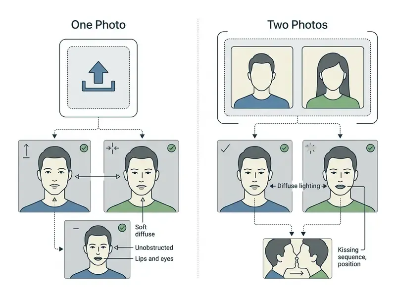 Side-by-side comparison of upload requirements for single and dual photo AI kissing generator workflows