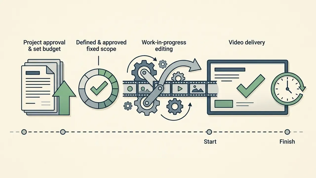 Linear timeline showing project approval, fixed scope definition, editing process, and final delivery
