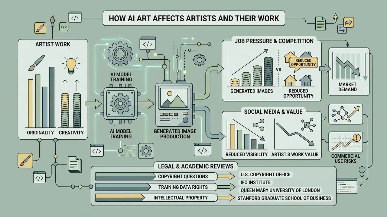 Flowchart showing how AI art impacts artist job security, market demand, and legal or academic recognition
