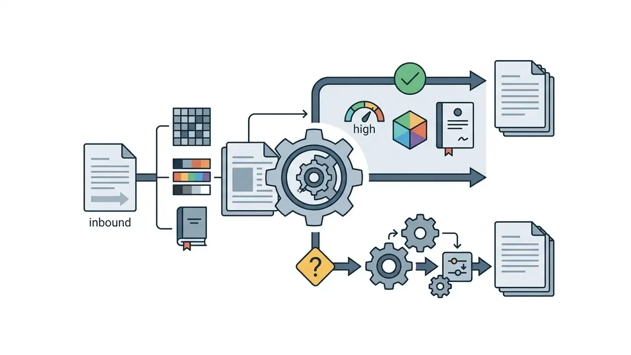 Document processing flow splitting into native export options or secondary gear-driven adjustments