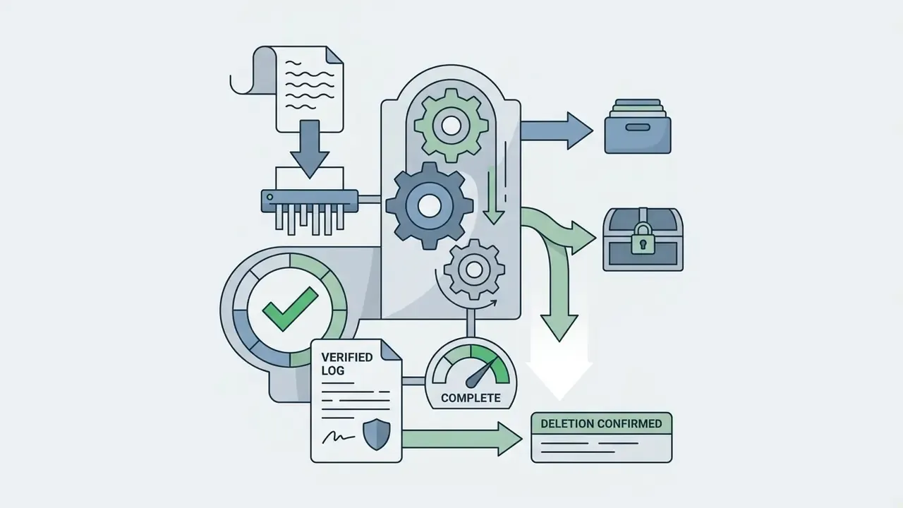 Document being shredded and processed through gears to generate a verified log and deletion confirmation