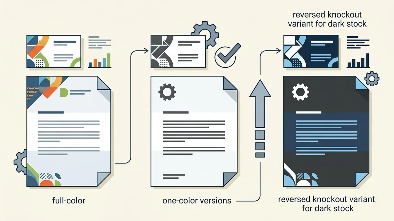 Diagram showing business card and letterhead layouts in full-color, one-color, and reversed variants