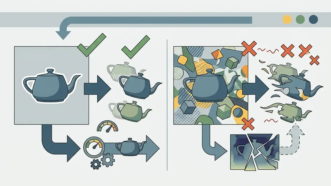 Comparison of clean versus cluttered backgrounds for successful AI video generation from a static teapot image