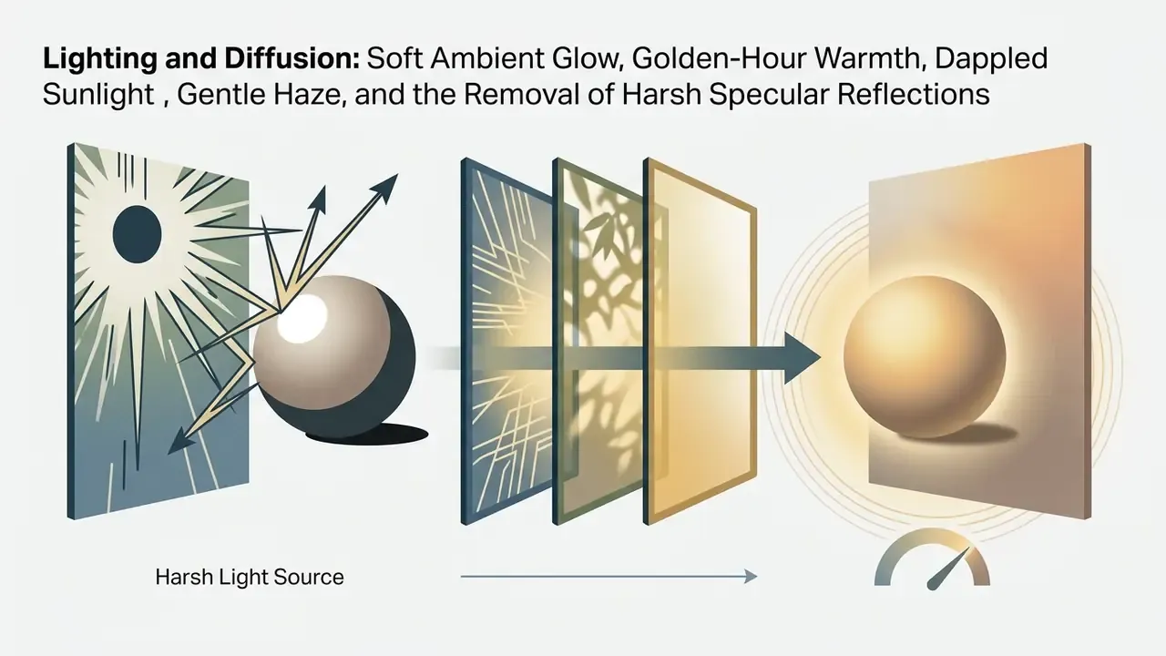Visualizing the transformation of harsh light into soft ambient glow through layered diffusion filters