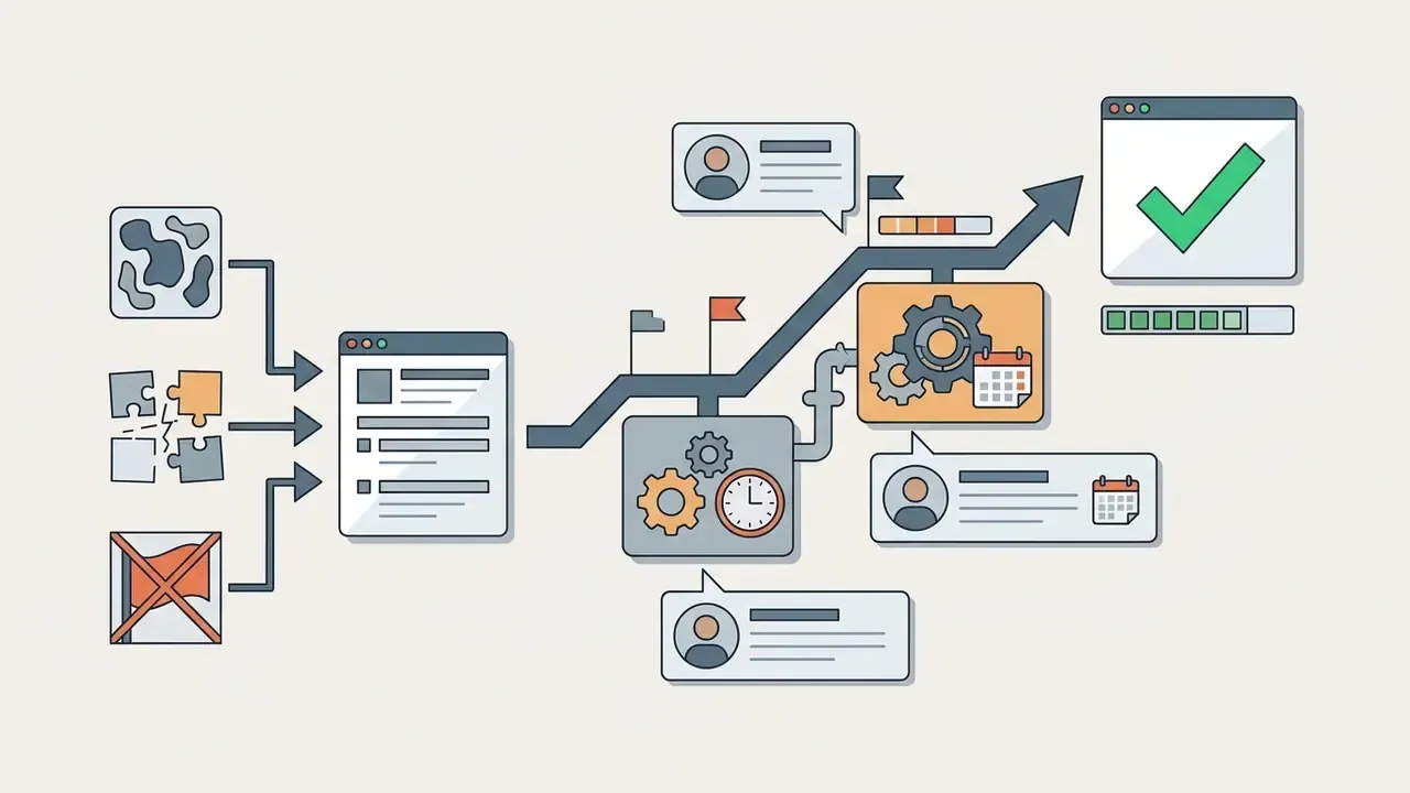 Icons representing errors feeding into a process path with human reviewers and a final success checkmark
