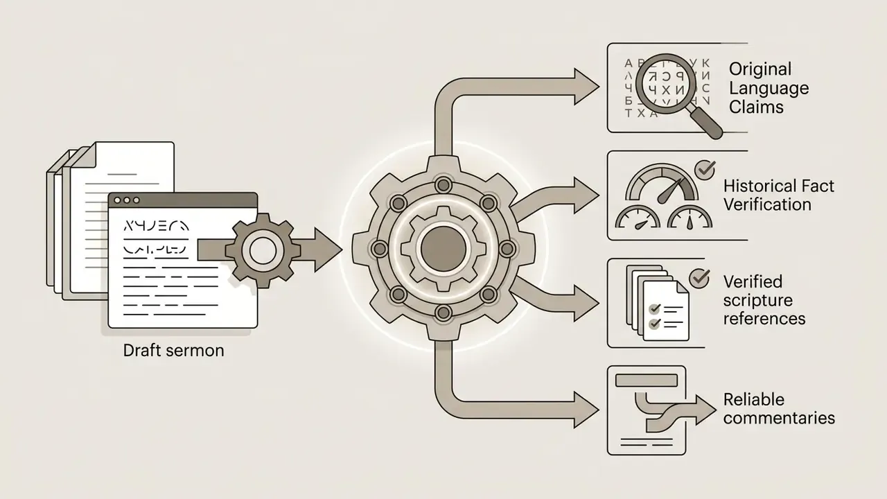 Draft sermon documents feeding into a gear system that branches out to four verification task icons