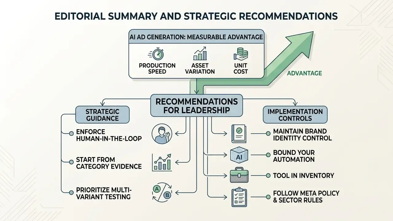 Strategic framework showing how automated ad creation improves production speed, asset variety, and unit costs
