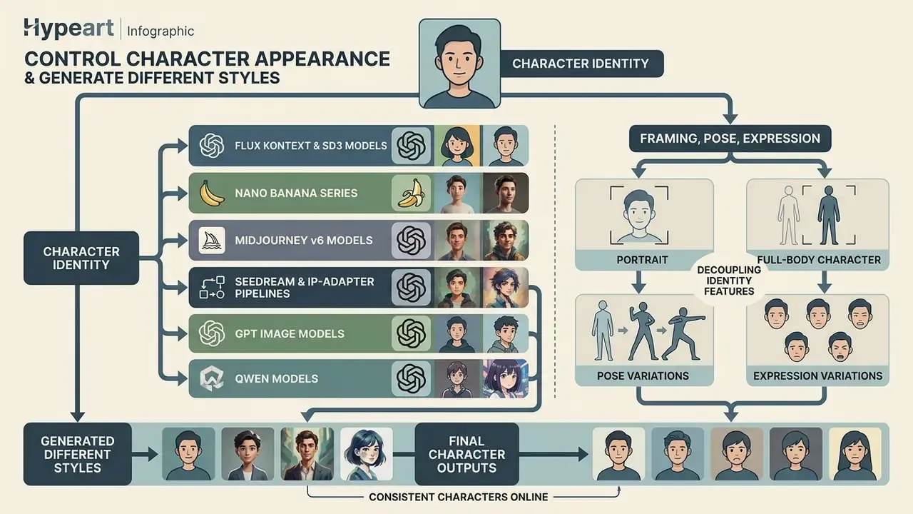 Systemic diagram showing how identity features decouple from framing and pose to create varied character outputs