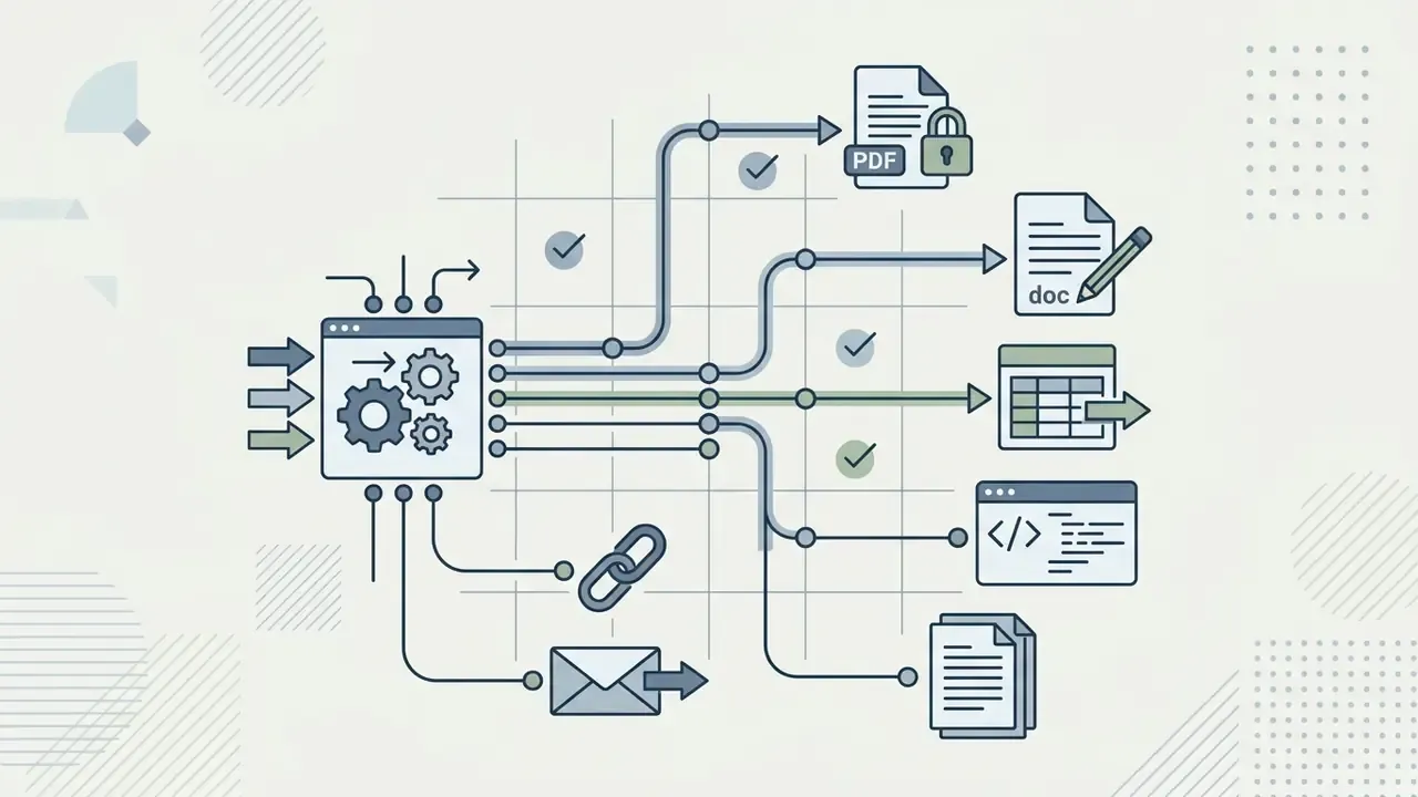Processing unit branching data into multiple file formats, email, and shareable link output icons