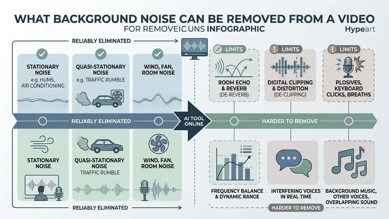 Infographic comparing audio sounds that are easily removed versus those that are harder to process