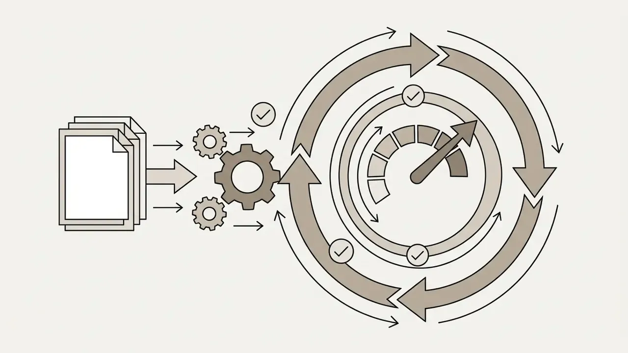 Stack of documents feeding into gears and a circular arrow system surrounding a central gauge