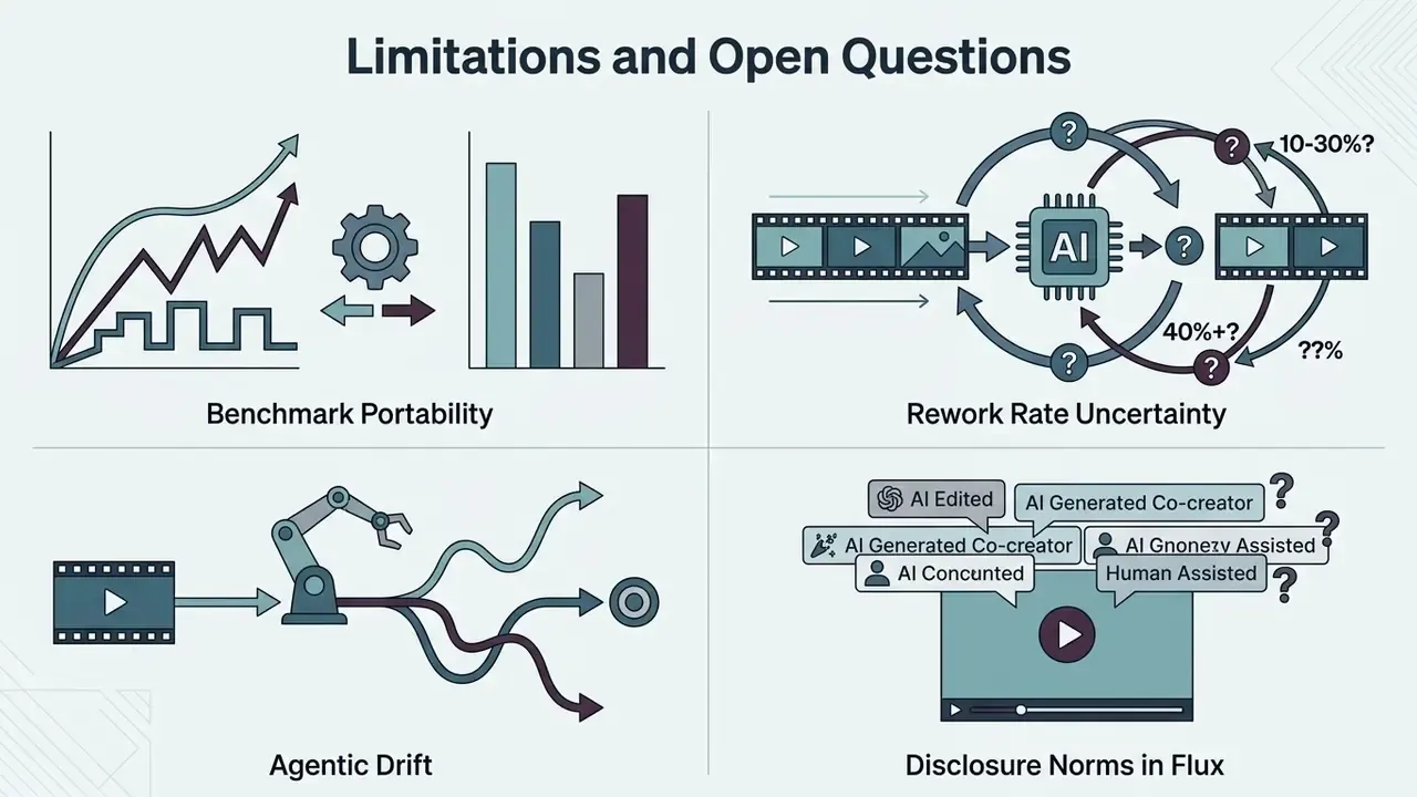 Four quadrants showing benchmark portability, rework rate uncertainty, agentic drift, and disclosure norms