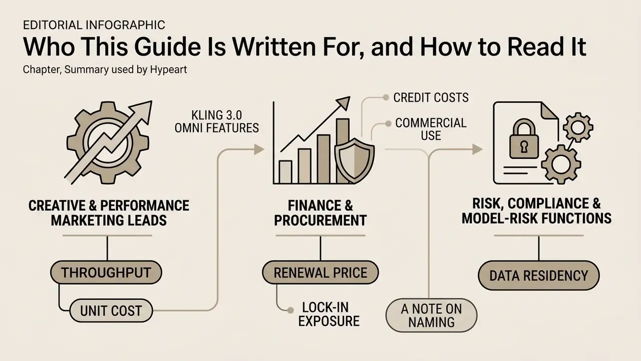 Flowchart connecting marketing, finance, and risk roles to their specific priorities using Kling AI features