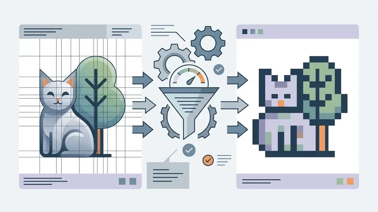 A smooth illustration of a cat and tree being processed through a funnel into a blocky pixel art version