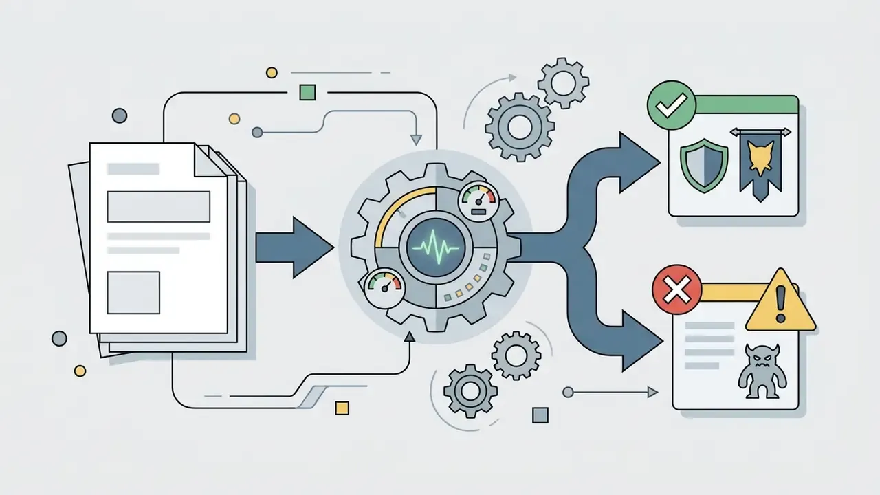 Documents feeding into a central gear mechanism that splits into valid quest states and warning alerts