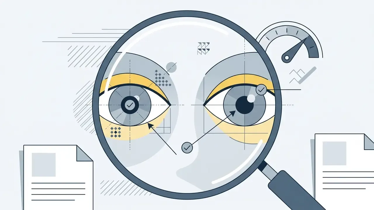 Magnifying glass focused on stylized eyes with technical markers and checkmarks for quality inspection