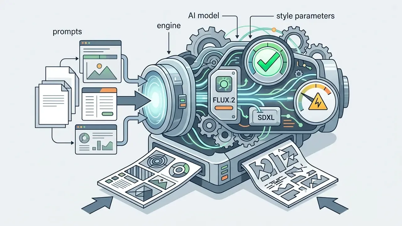Mechanical engine processing prompts and style parameters to output generated visual assets