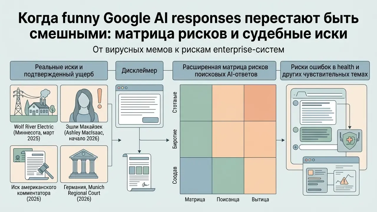 Визуализация правовых последствий ошибок ИИ с примерами судебных исков и матрицей оценки рисков