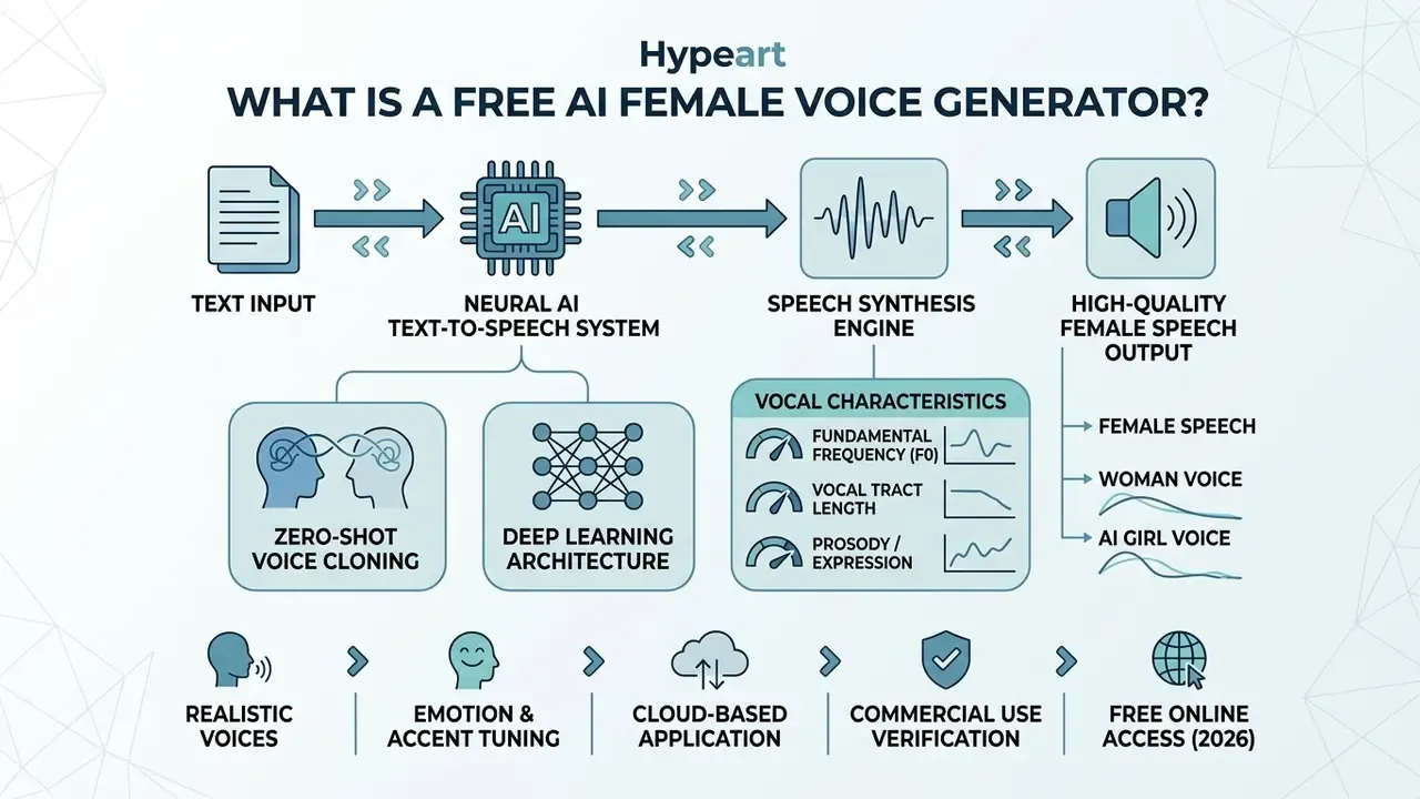 Flowchart showing how a free AI female voice generator converts text input into synthesized speech