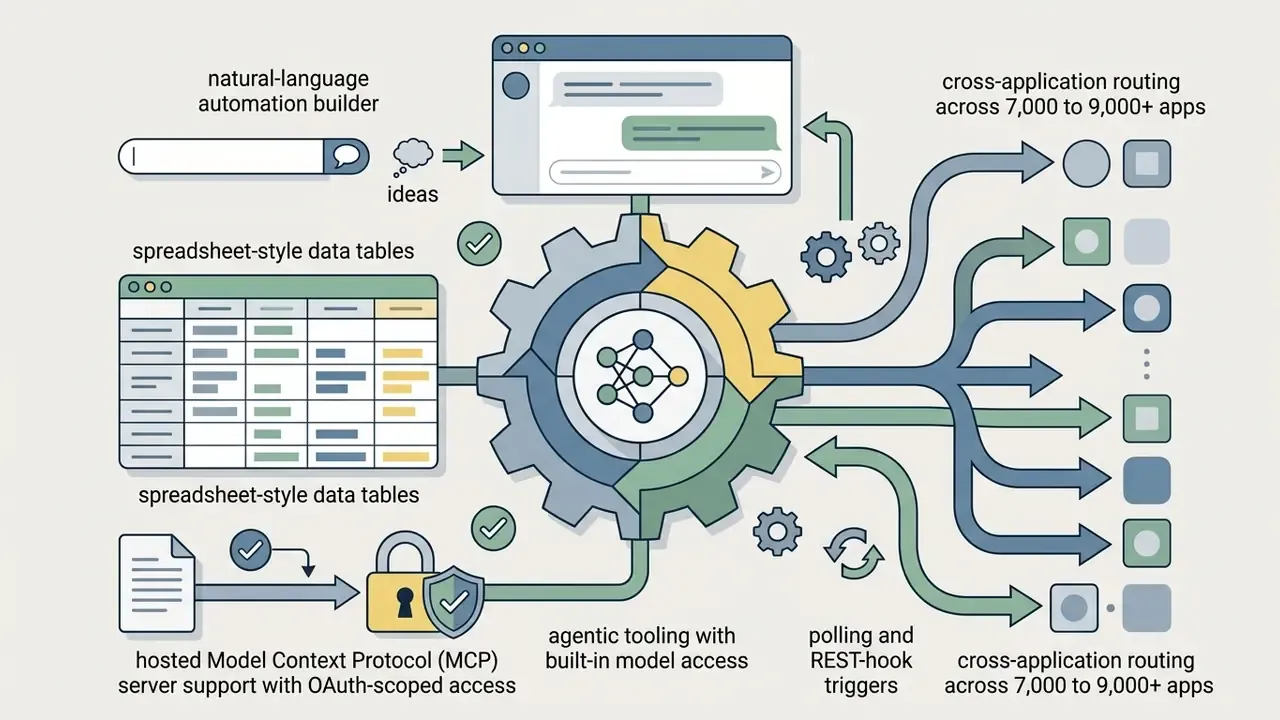 Automation builder and data tables feed into a gear system that routes workflows to multiple applications