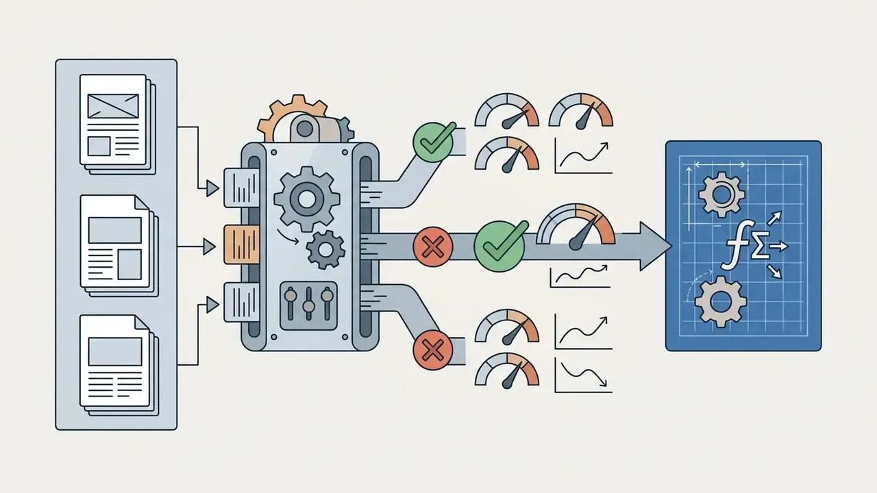 Paper stacks feeding into a gear mechanism that filters outputs through gauges toward a blueprint