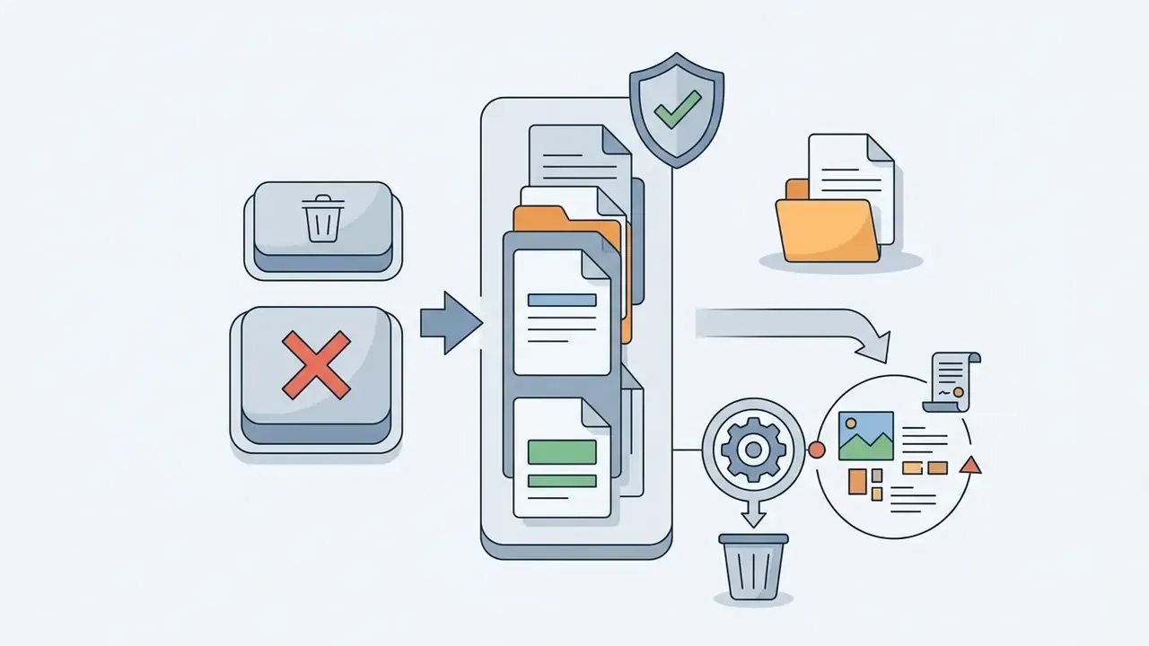 Delete buttons pointing to a file stack with a shield icon leading to a gear mechanism and document disposal