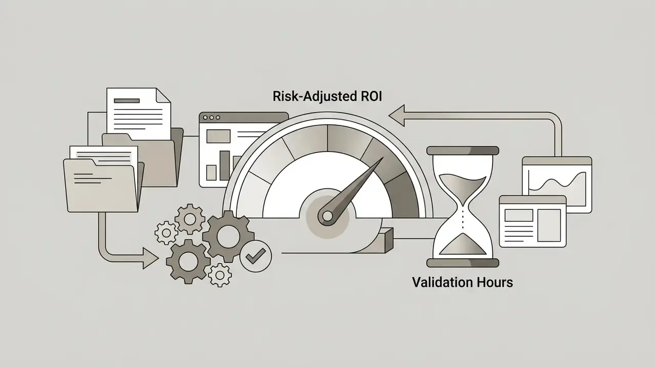Folders and gears feeding into a gauge and hourglass icon to represent financial validation processes