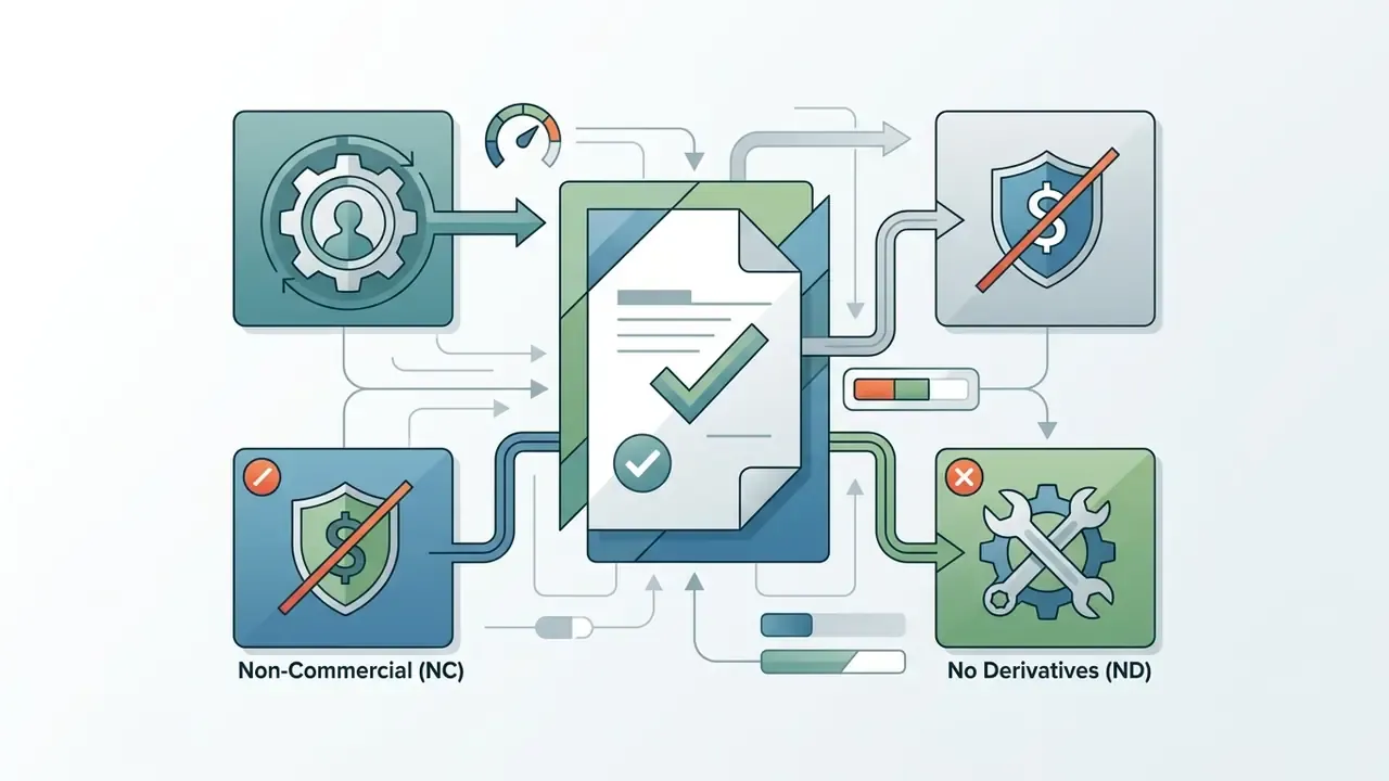 Central document icon connected by flow lines to icons representing non-commercial and no-derivative terms