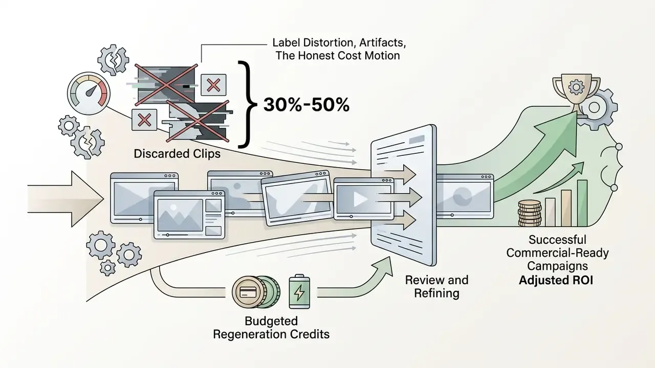 Funnel graphic showing video clips being filtered for rework with credits leading to successful campaigns