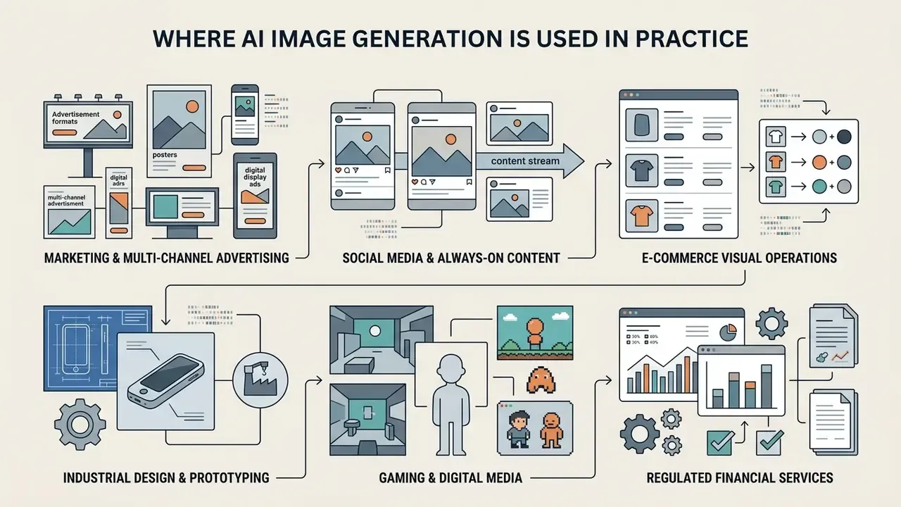 Diagram showing business applications of AI image generation across marketing, e-commerce, and design sectors