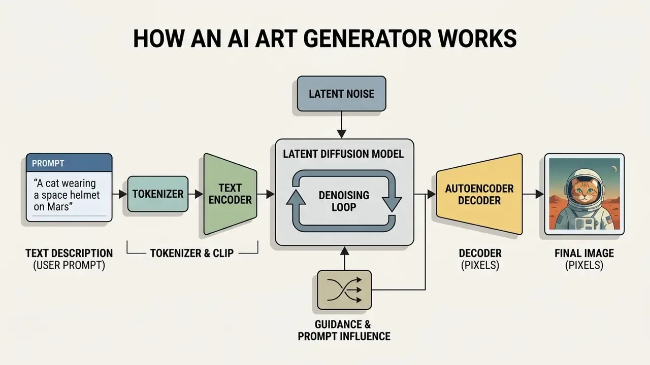 Flowchart showing how an AI art maker processes text prompts through a diffusion model into final images