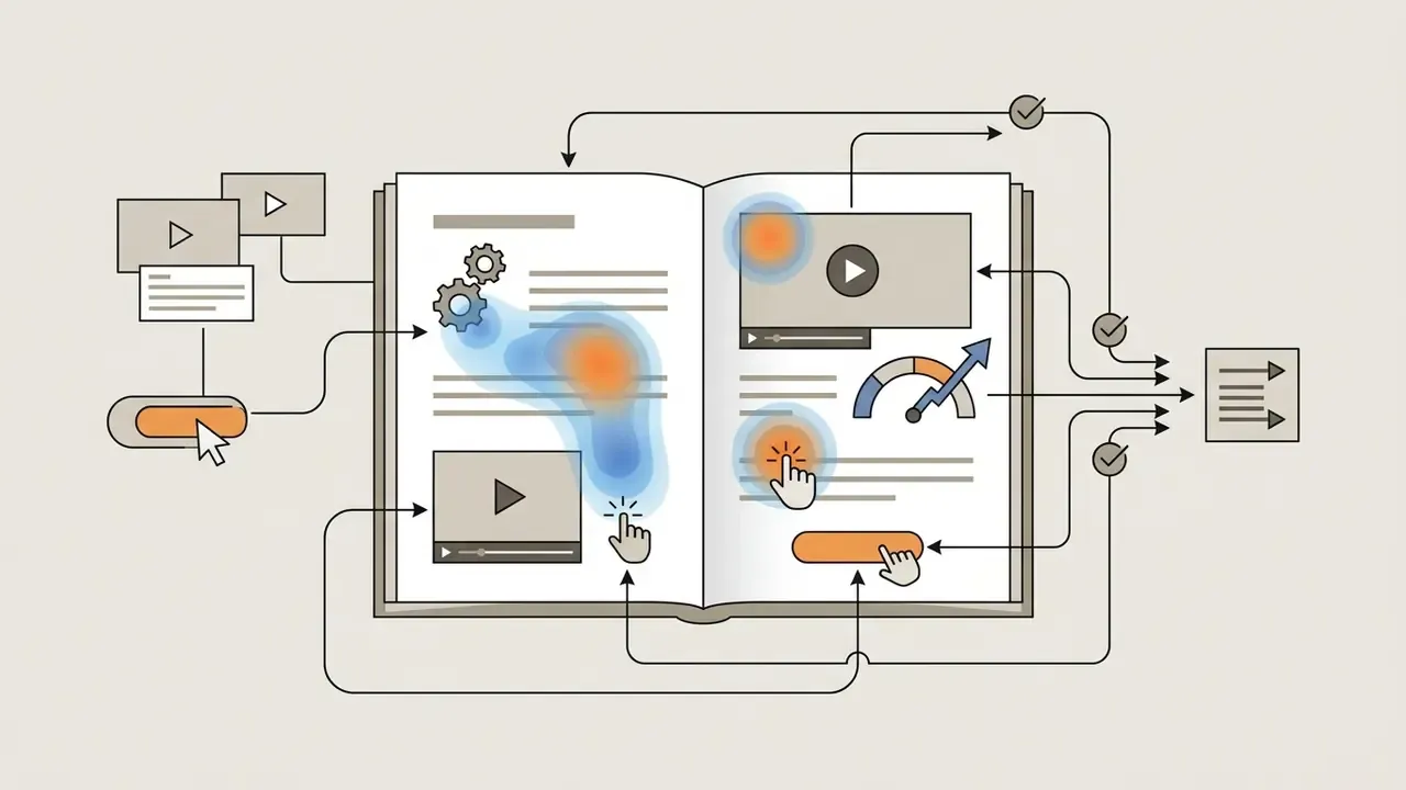 Heatmap overlay on an open book showing user clicks on videos and buttons feeding into a data report