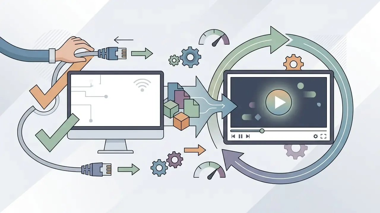 Hand disconnecting a network cable from a computer while media files process into a playback interface